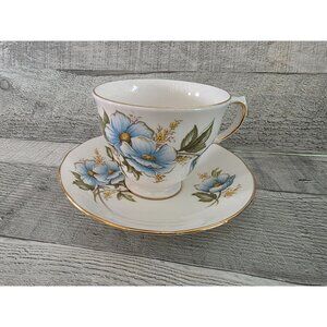 Vintage Queen Anne Fine Bone China Cup & Saucer Gold Trim Blue & Yellow Flowers